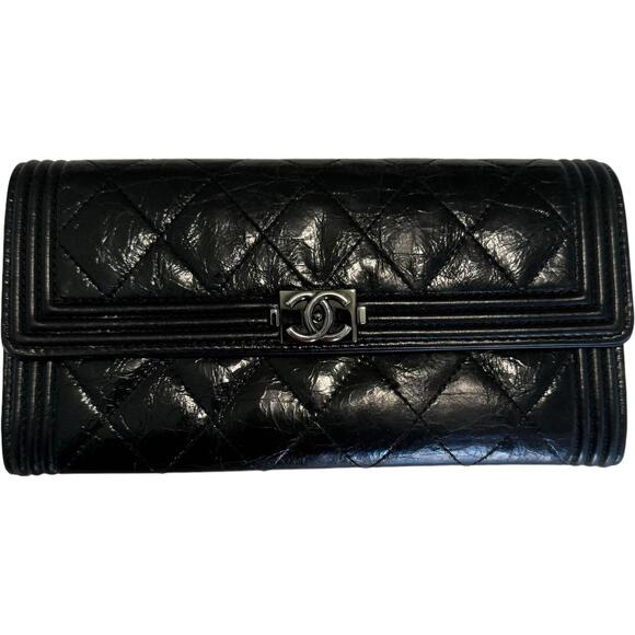 💎✨BEAUTIFUL✨💎 Authentic Chanel Quilted Glazed Aged Long Boy Flap Black Wallet - Picture 2 of 6
